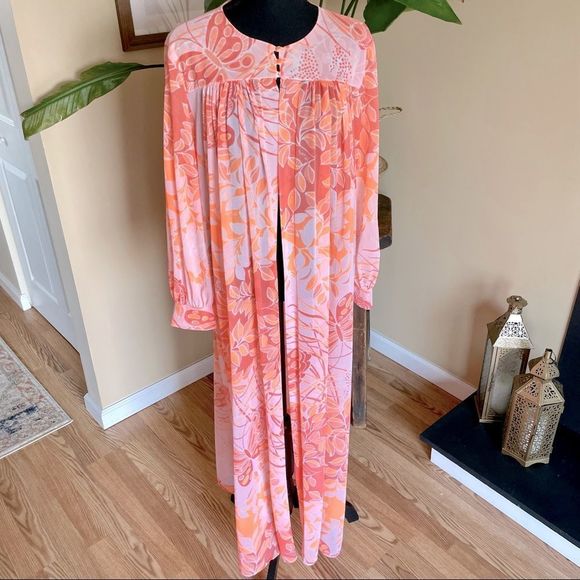 VTG MISS ELAINE 60s Sheer Mod Botanical Print ROBE/DUSTER - Picture 13 of 16